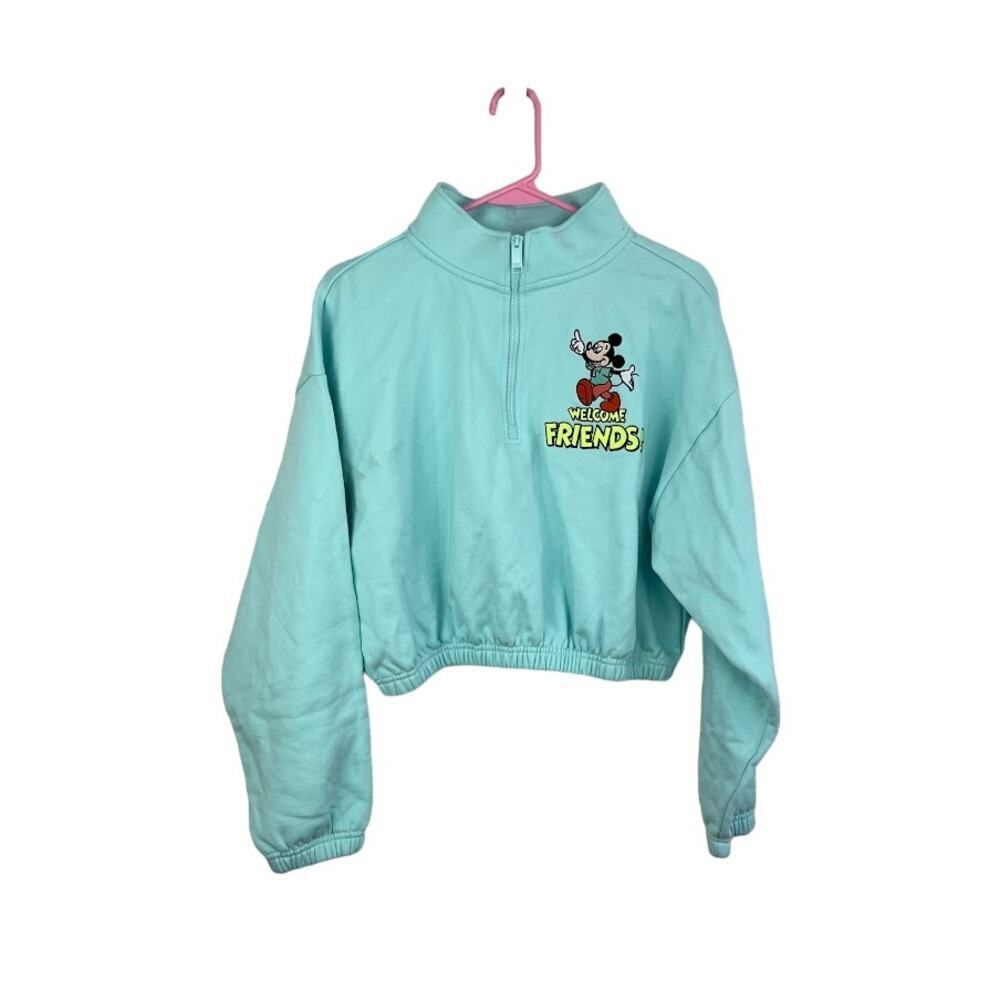 Disney Mickey and friend blue cropped 1/2 zip sweater size medium